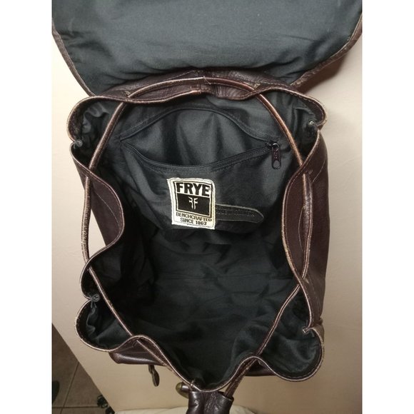 Frye Leather Medium Chocolate Brown Drawstring Closure Backpack With Bronze Acc.